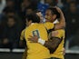 Joe Tomane of Australia and teammates celebrate their team's first try during a match between Australia and Argetina as part of The Rugby Championship 2015 at Estadio Malvinas Argentinas on July 25, 2015