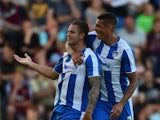 George Moncur of Colchester United celebrates his goal during the pre season friendly match between Colchester and West Ham United at Weston Homes Community Stadium on July 21, 2015
