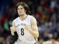 Luke Babbitt #8 of the New Orleans Pelicans reacts after a three point shot against the Cleveland Cavaliers at Smoothie King Center on December 12, 2014