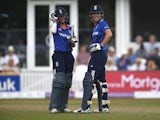 Lydia Greenway (L) and Natalie Sciver of England chat between overs during the 1st Royal London ODI of the Women's Ashes Series between England Women v Australia Women at The County Ground on July 21, 2015