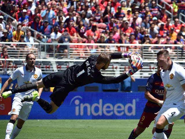 Goalie David De Gea of Manchester United blocks a kick during the International Champions Cup match between Manchester United and FC Barcelona at Levi's Stadium in Santa Clara, California on July 25, 2015