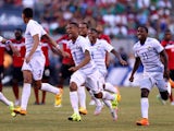 Valentin Pimentel #2.Gabriel Torres #8 Roberto Nurse #9 and Armando Cooper #11 of Panama celebrate the win over Trinidad & Tobago during the quarterfinals of the 2015 CONCACAF Gold Cup at MetLife Stadium on July 19, 2015