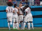 Teammates celebrate with Zlatan Ibrahimovic #10 of Paris Saint-Germain after his first half goal against Chelsea during their International Champions Cup match at Bank of America Stadium on July 25, 2015