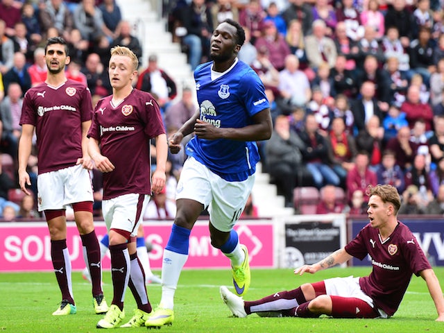 Romelu Lukakau of Everton celebrates scoring his second goal from the penalty spot during a pre season friendly match between Heart of Midlothian and Everton FC at Tynecastle Stadium on July 26, 2015
