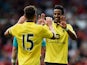 Scott Sinclair of Aston Villa is congratulated on scoring the third goal during the Pre Season Friendly match between Nottingham Forest and Aston Villa at City Ground on August 1, 2015