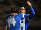  Inigo Calderon of Brighton & Hove celebrates with Beram Kayal after scoring a goal during the Sky Bet Championship match between Brighton & Hove Albion and Leeds United at Amex Stadium on February 24, 2015