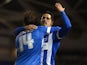 Inigo Calderon of Brighton & Hove celebrates with Beram Kayal after scoring a goal during the Sky Bet Championship match between Brighton & Hove Albion and Leeds United at Amex Stadium on February 24, 2015