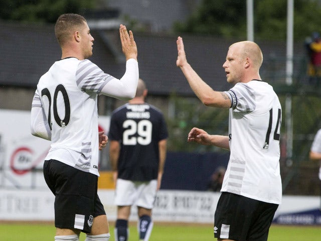 Ross Barkley of Everton celebrates with teammate Steven Naismith during the Pre Season Friendly between Dundee and Everton at Dens Park on July 28th, 2015