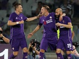 Federico Bernardeschi with his teammates of ACF Fiorentina celebrates after scoring the opening goal during the preseason friendly match between ACF Fiorentina and FC Barcelona at Artemio Franchi on August 2, 2015