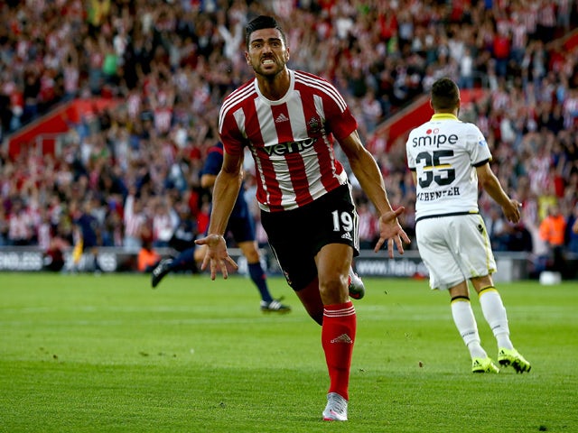 Graziano Pelle of Southampton celebrates after scoring to make it 1-0 during the UEFA Europa League Third Qualifying Round 1st Leg match between Southampton and Vitesse at St Mary's Stadium on July 30, 2015