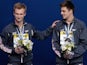 Jack Laugher and Chris Mears celebrate their bronze medal in the men's 3m synchro at the World Aquatics Championship on July 28, 2015
