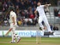 James Anderson celebrates the wicket of Mitchell Marsh during day one of the third Ashes Test between England and Australia at Edgbaston on July 29, 2015