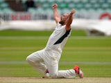 Worcestershire bowler Joe Leach celebrates after taking the wicket of Paul Collingwood during day two of the LV County Championship division one match between Worcestershire and Durham at New Road on May 25, 2015