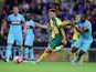 Ricky Van Wolfswinkel of Norwich City battles with Daniel Henry of West Ham United during the pre season friendly match between Norwich City and West Ham United at Carrow Road on July 28, 2015