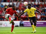 Michail Antonio of Nottingham Forest battles with Micah Richards of Aston Villa during the Pre Season Friendly match between Nottingham Forest and Aston Villa at City Ground on August 1, 2015