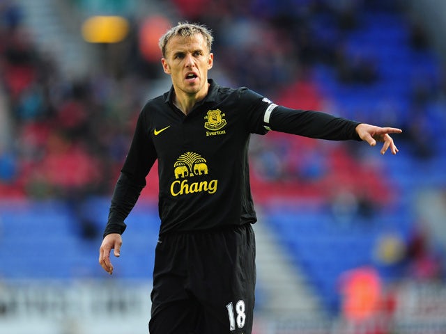 Everton player Phil Neville reacts during the Barclays Premier League game between Wigan Athletic and Everton at DW Stadium on October 6, 2012