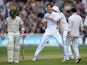 Steven Finn celebrates dismissing Steve Smith on day one of the Third Test of The Ashes on July 29, 2015