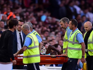 Enner Valencia of West Ham is stretchered off the field injured during the UEFA Europa League third qualifying round match between West Ham United and Astra Giurgiu at the Boleyn Ground on July 30, 2015