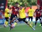 Andrew Surman of Bournemouth and Jordan Veretout of Aston Villa compete for the ball during the Barclays Premier League match between A.F.C. Bournemouth and Aston Villa at Vitality Stadium on August 8, 2015