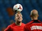 Luxembourg's forward Aurelien Joachim heads the ball during a training session at the Cidade de Coimbra stadium in Coimbra, central Portugal, on October 14, 2013 