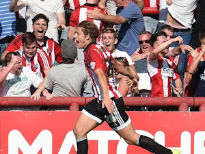 James Tarkowski of Brentford celebrates his goal during the Sky Bet Championship match between Brentford and Ipswich Town at Griffin Park on August 8, 2015