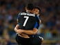 Victor Vazquez of Club Brugge celebrates scoring his teams second goal of the game with team mate Oscar Duarte during the third qualifying round 2nd Leg UEFA Champions League match between Club Brugge and Panathinaikos held at Jan Breydel Stadium on Augus