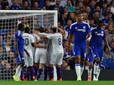 Fiorentina players celebrate the opening goal scored by Fiorentina's Argentinian defender Gonzalo during the pre-season friendly International Champions Cup football match between Chelsea and Fiorentina at Stamford Bridge in London on August 5, 2015