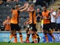 Sam Clucas of Hull City celebrates scoring their first goal during the Sky Bet Championship match between Hull City and Huddersfield Town at KC Stadium on August 8, 2015