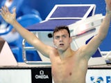 James Guy celebrates winning gold in the men's 200m freestyle at the World Aquatics Championships on August 4, 2015