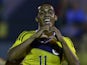 Colombia's forward Jeison Lucumi celebrates his goal against Chile during the South American U-20 football match at Domingo Burgueno stadium in Maldonado, 130 km east of Montevideo, on January 19, 2015