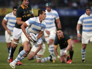 Argentina's full-back Juan Imhoff clears the ball during the Rugby Championship Test match between South Africa and Argentina at Kings Park stadium in JDurban on August 8, 2015