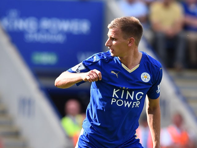 Leicester City's English midfielder Marc Albrighton reacts after scoring Leicester's fourth goal during the English Premier League football match between Leicester City and Sunderland at King Power Stadium in Leicester, central England on August 8, 2015