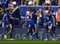 Riyad Mahrez of Leicester City celebrates scoring his team's second goal with his team mates during the Barclays Premier League match between Leicester City and Sunderland at The King Power Stadium on August 8, 2015