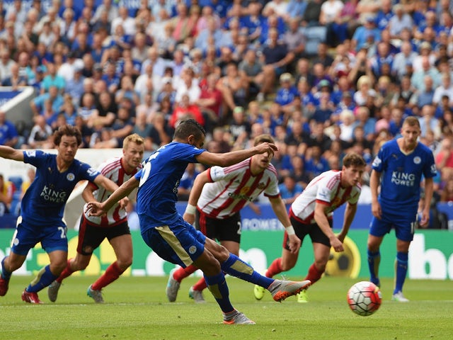 Riyad Mahrez of Leicester City scores his team's third goal from the penalty spot during the Barclays Premier League match between Leicester City and Sunderland at The King Power Stadium on August 8, 2015