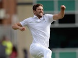 Mark Wood celebrates dismissing Michael Clarke on day two of the Fourth Test of The Ashes on August 7, 2015