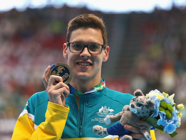 Gold medalist Mitch Larkin of Australia poses during the medal ceremony for the Men's 200m Backstroke on day fourteen of the 16th FINA World Championships at the Kazan Arena on August 7, 2015