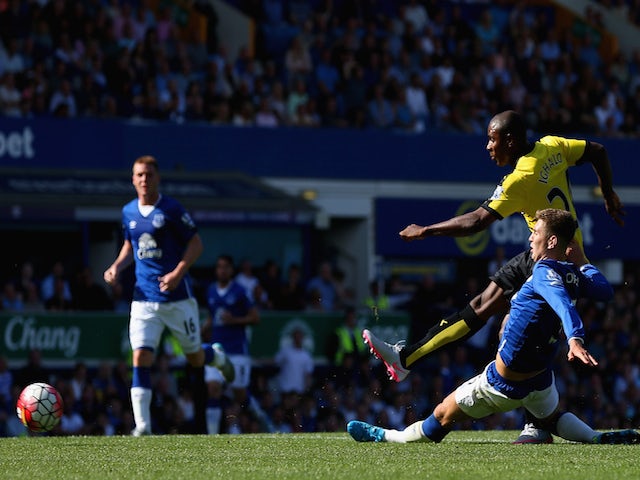 Odion Ighalo of Watford scores his team's second goal during the Barclays Premier League match between Everton and Watford at Goodison Park on August 8, 2015