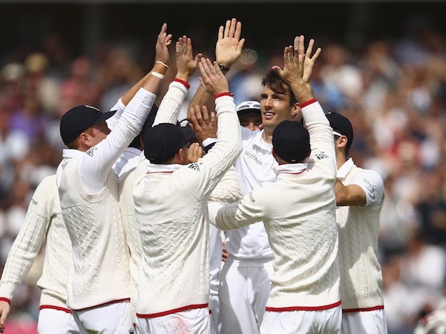 Steven Finn celebrates the wicket of Peter Nevill on the first day of the Fourth Test of The Ashes on August 6, 2015