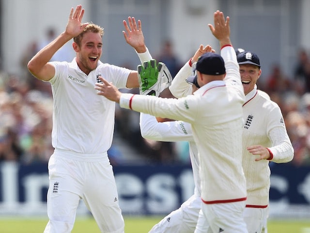 Stuart Broad celebrates the wicket of Mitchell Johnson on the first day of the Fourth Test of The Ashes on August 6, 2015