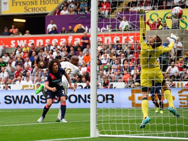 Andre Ayew scores Swansea's second against Newcastle on August 15, 2015