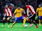 Pedro Rodriguez of FC Barcelona competes for the ball with Markel Susaeta (L) and Oscar de Marcos of Athletic Club during the Spanish Super Cup first leg match between FC Barcelona and Athletic Club at San Mames Stadium on August 14, 2015