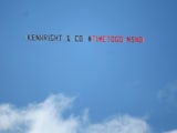 A banner calling for Everton chairman Bill Kenwright to leave the club is flown over St Mary's on August 15, 2015