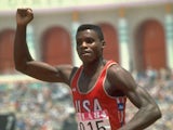 Carl Lewis of the USA salutes the crowd after winning the 100 Metres event at the 1984 Olympic Games in Los Angeles, USA. Lewis won the gold medal in this event with a time of 9.99 seconds in August 4, 1984