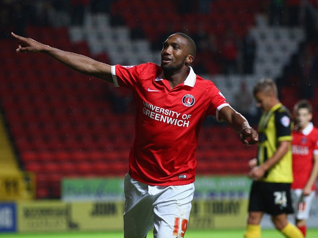 Zakarya Bergdich of Charlton Athletic celebrates scoring a goal during the Capital One Cup First Round match between Charlton Athletic v Dagenham & Redbridge at The Valley on August 11, 2015