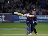 David Willey of Northamptonshire hits a six off the bowling of Michael Yardy during the NatWest T20 Blast Quarter Final between Sussex Sharks v Northamptonshire Steelbacks at BrightonandHoveJobs.com County Ground on August 12, 2015