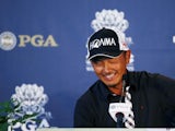 Hiroshi Iwata of Japan speaks with the media after shooting a nine-under par 63 during the second round of the 2015 PGA Championship at Whistling Straits on August 14, 2015