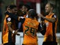 Chuba Akpom of Hull City celebrates with his team mate Ahmed El Mohamady after scoring the first goal in extra time during the Capital One Cup First Round match between Accrington Stanley and Hull City at Wham Stadium on August 11, 2015