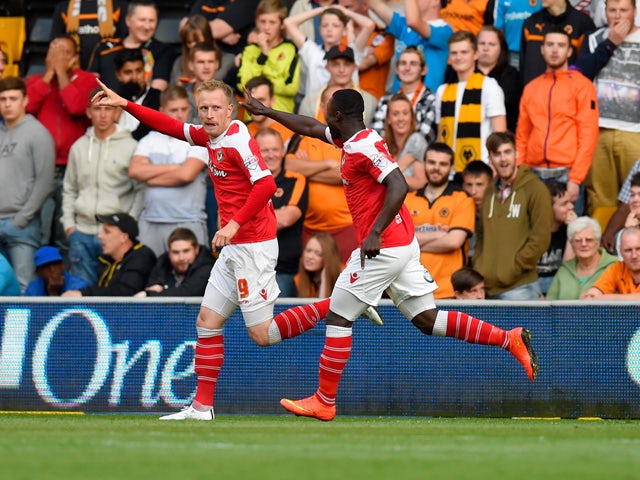 Newport striker Scott Bowden celebrates after scoring the opening goal during the Capital One Cup First Round match between Wolverhampton Wanderers and Newport County at Molineux on August 11, 2015