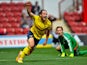 Danny Hylton of Oxford United celebrates scoring Oxfords 2nd goal during the Capital One Cup First Round match between Brentford and Oxford United at Griffin Park on August 11, 2015