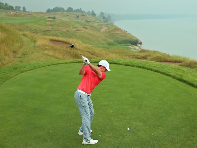 Rory McIlroy hits a drive during a practice round for the US PGA Championship at Whistling Straits on August 10, 2015